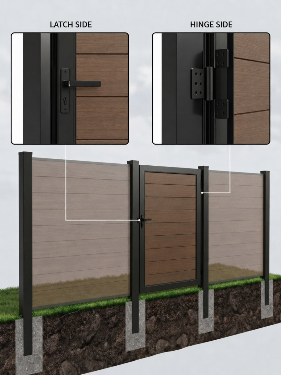 Composite gate and fence panels installed on concrete-set black posts with latch-side and hinge-side close-ups