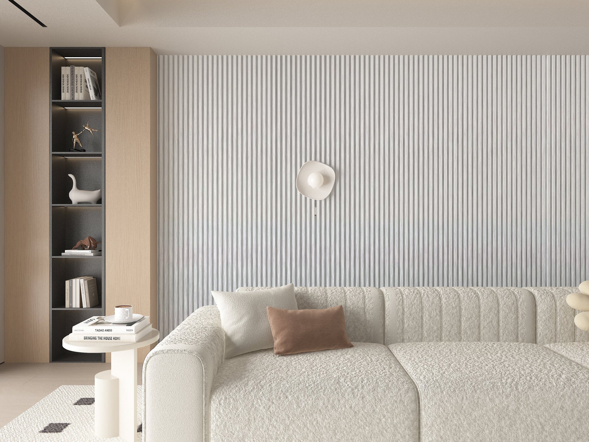 White Brushed WPC Fluted 3D Wall Panels. Wall Panels Hub. Living Room Design With WPC Fluted Wall Panels