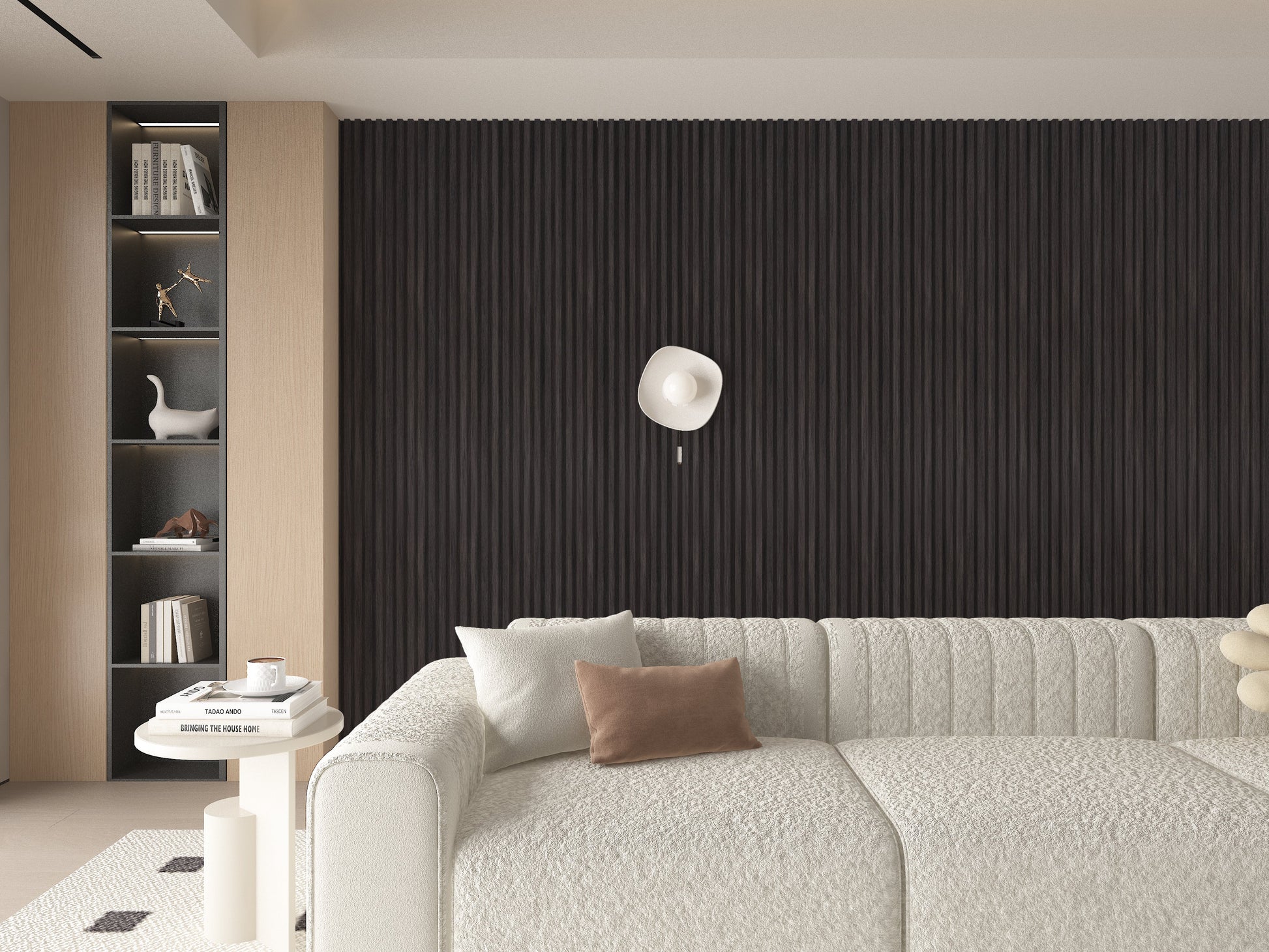 Dark Smoky Oak WPC Fluted 3D Wall Panels. Wall Panels Hub. Living Room Design With WPC Fluted Wall Panels