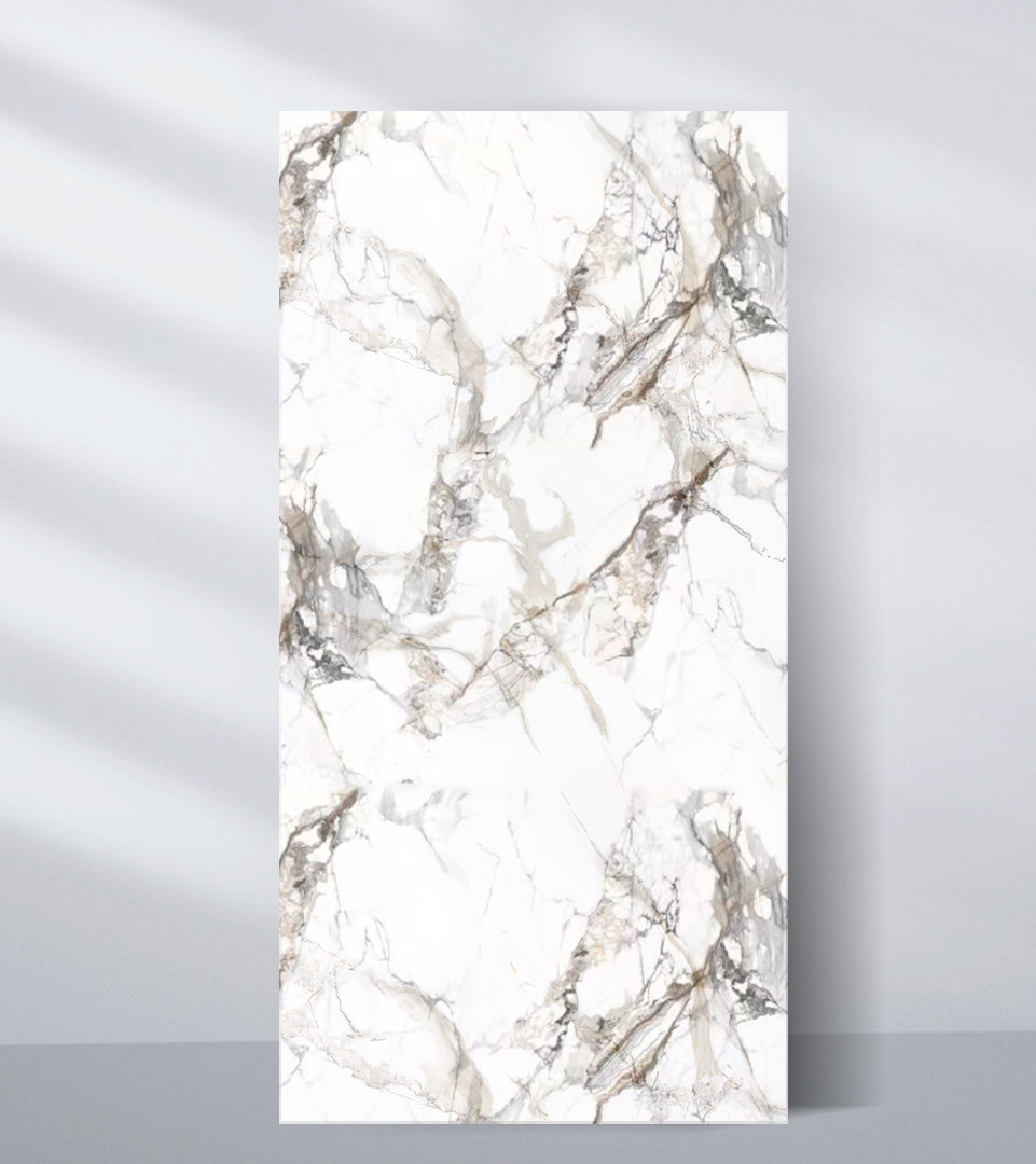 White marble PVC wall panel with soft beige and gray veining for luxury interior walls
