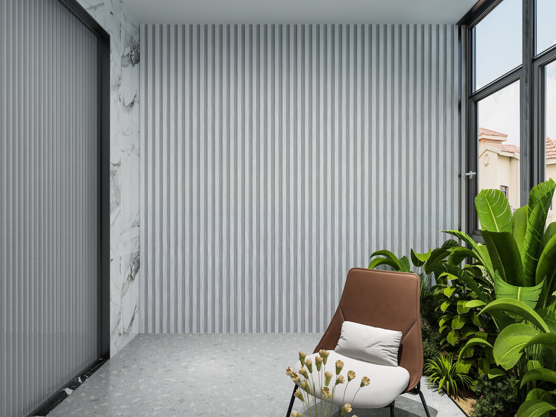 White Brushed WPC Fluted 3D Wall Panels. Wall Panels Hub. Balcony Design With WPC Fluted Wall Panels