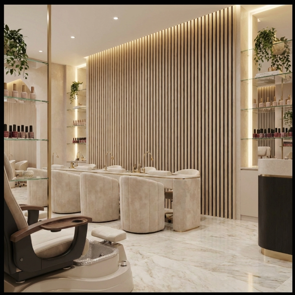 Luxury salon interior with natural oak acoustic slat wall panel feature wall and warm LED lighting