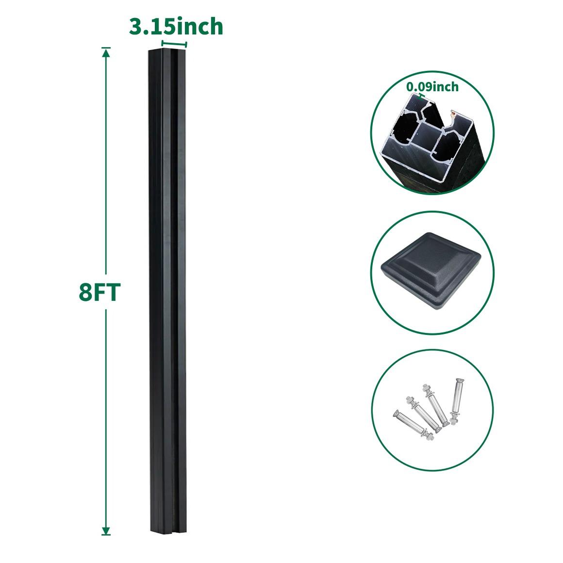 8 ft in-ground gate post with 3.15 inch width, reinforced internal channels, post cap, and mounting hardware
