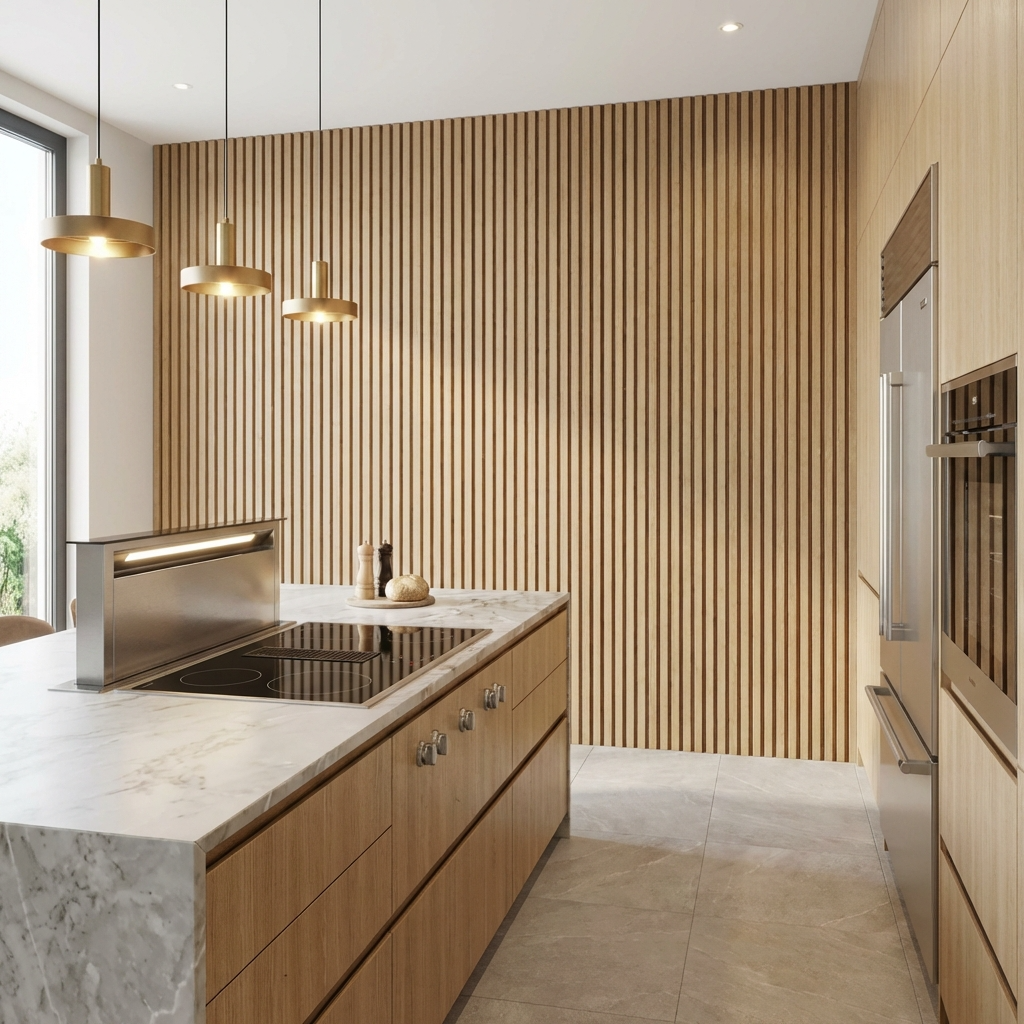 Modern kitchen with natural oak acoustic slat wall panel