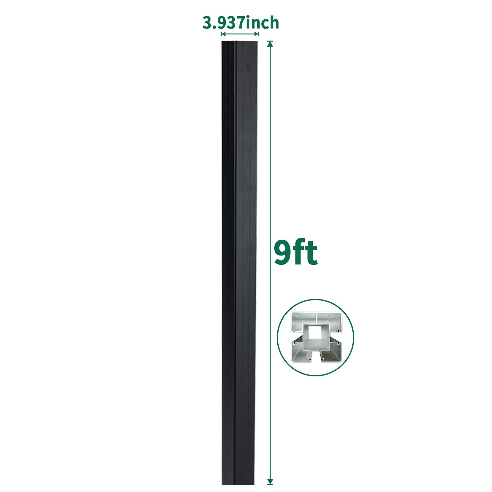 9 ft in-ground gate post with 3.937 inch width showing heavy-duty internal channel design