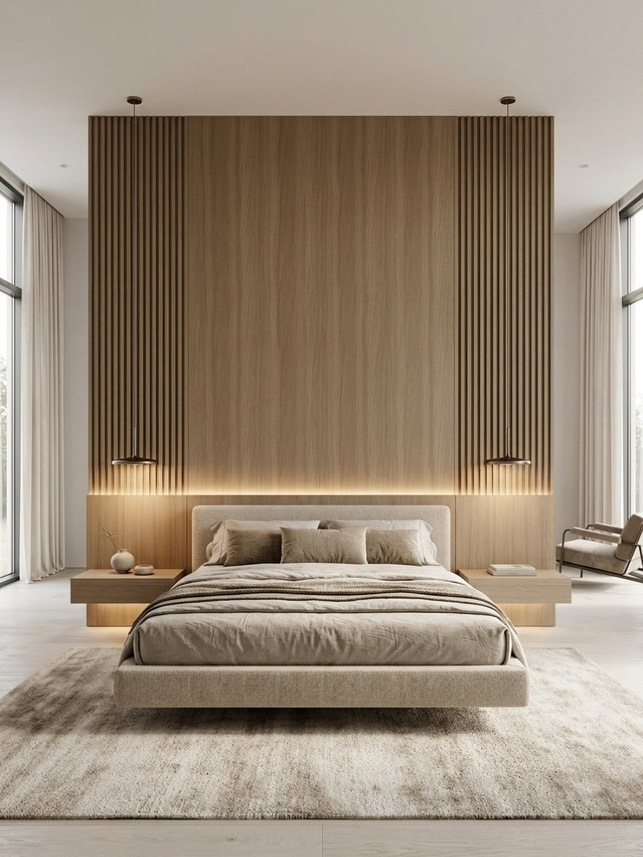 Ash wood veneer panels forming a warm floor-to-ceiling bedroom accent wall with vertical slatted edges