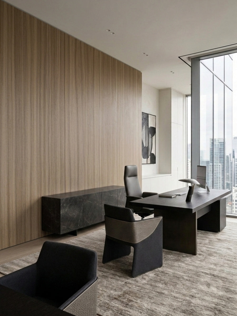 Ash wood veneer wall panels with subtle vertical grain in a modern executive office