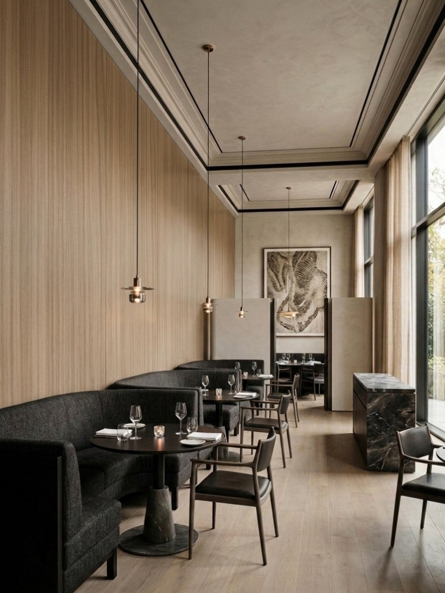 Vertical ash wood veneer panels lining a contemporary restaurant dining area