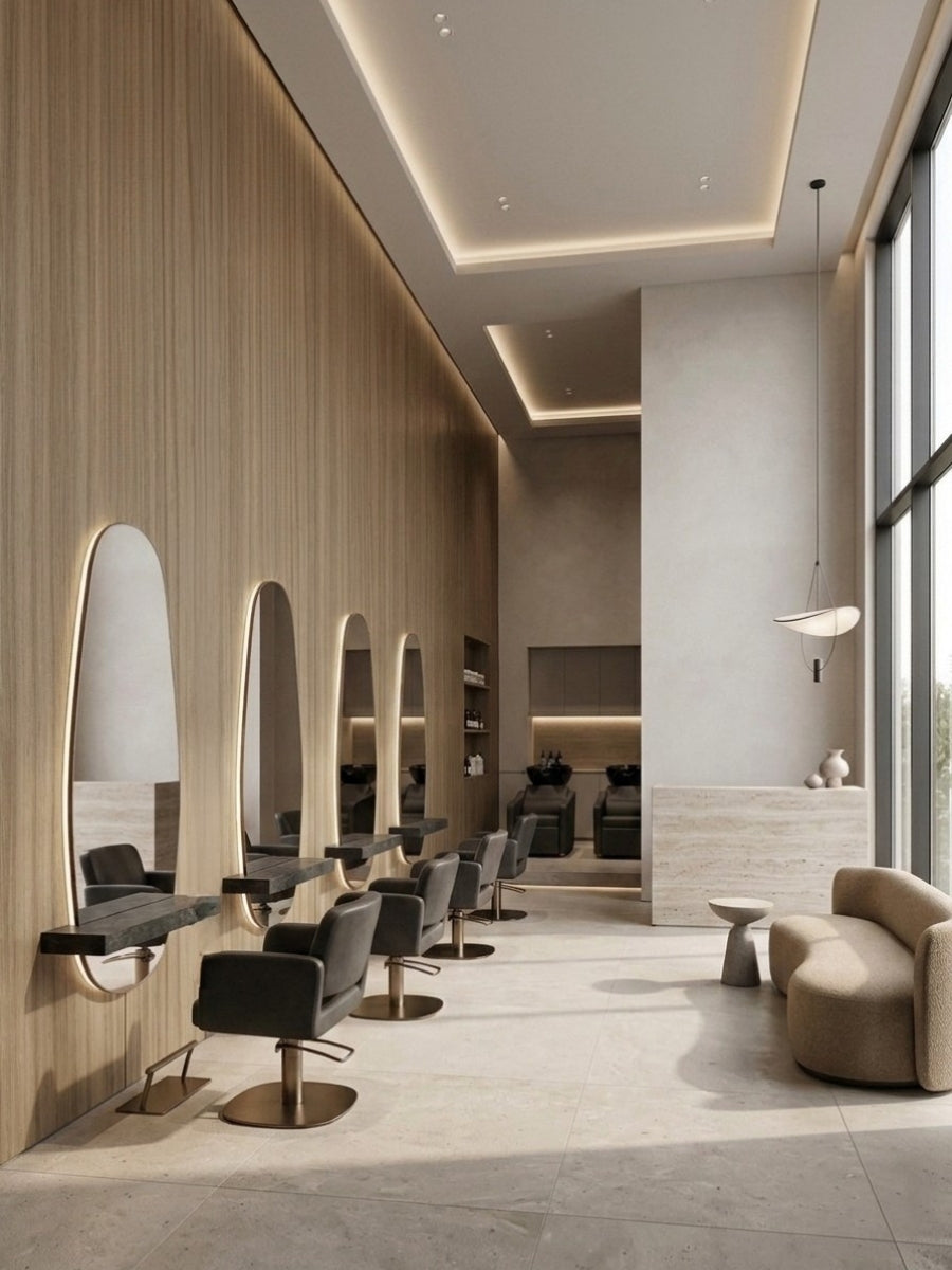 Ash wood veneer wall panels installed behind arched mirrors in a modern salon interior