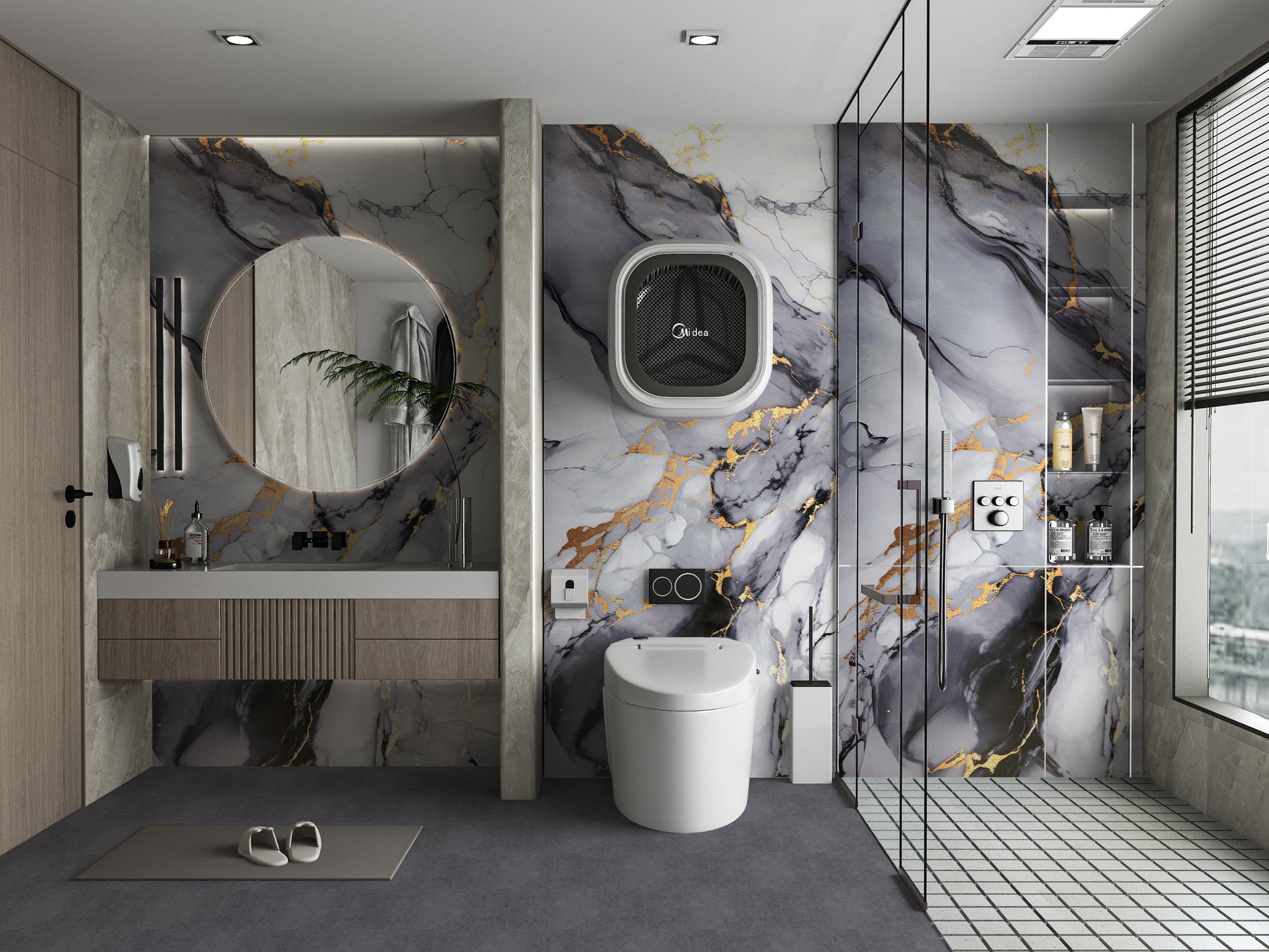 Modern bathroom interior with gray and white PVC marble wall panels featuring bold gold veining
