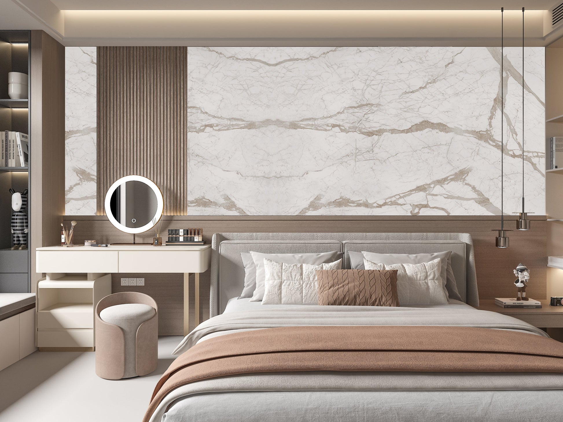 Modern bedroom feature wall with white marble PVC wall panels and elegant veining design