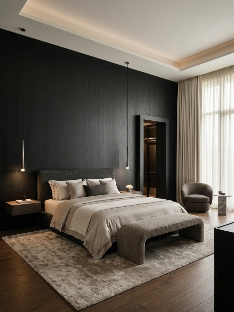 Blackwood veneer wall panels forming a dark wood-grain accent wall behind a modern upholstered bed