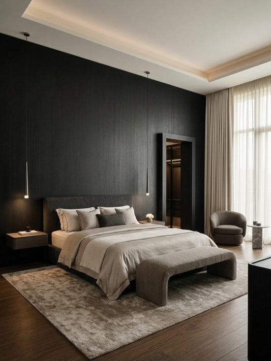 Blackwood veneer wall panels forming a dark wood-grain accent wall behind a modern upholstered bed