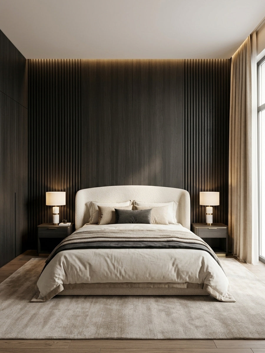 Dark blackwood veneer wall panels framing a fluted accent wall behind a bed in a contemporary bedroom