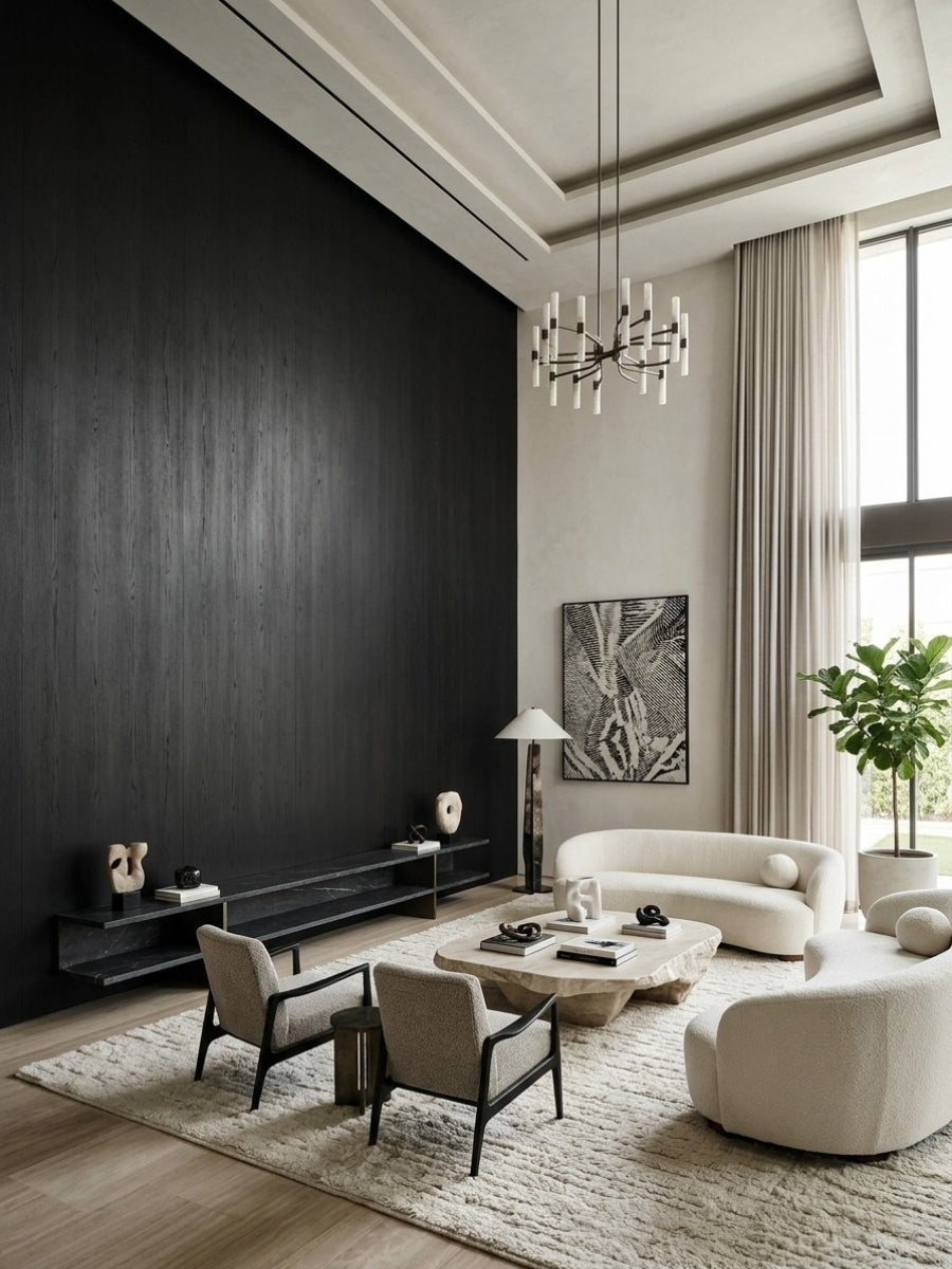 Dark blackwood veneer wall panel installation in a contemporary living room with neutral curved seating
