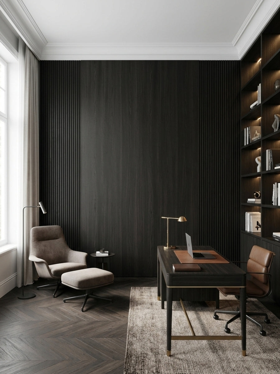 Blackwood veneer commercial wall panels installed as a dark accent wall in a modern home office with fluted detailing