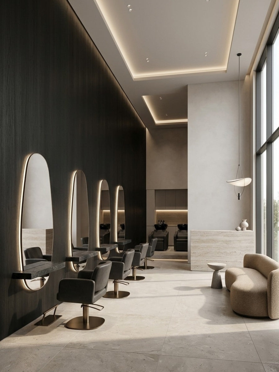 Blackwood veneer commercial wall panels used behind illuminated mirrors in a modern salon interior