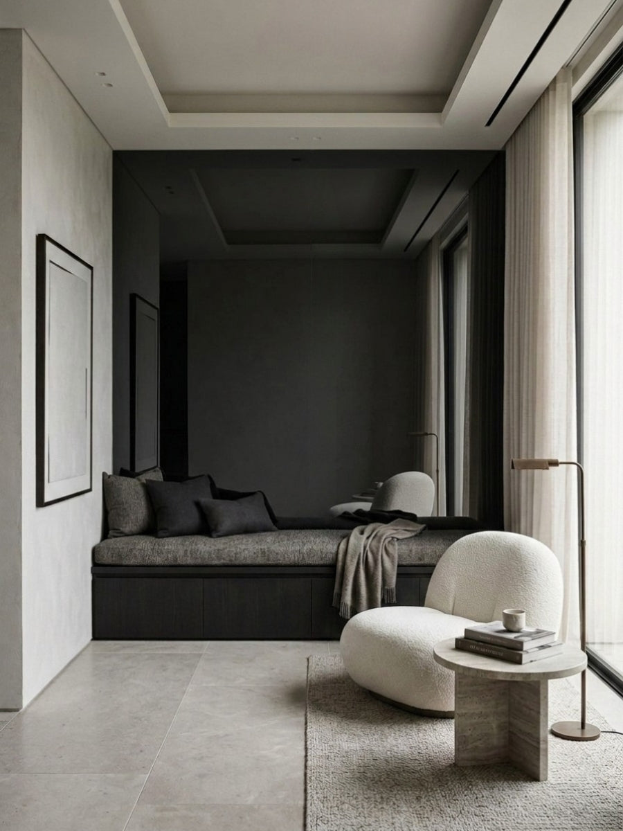 Black Mirror wood veneer panel feature wall in a minimalist lounge with a window seat
