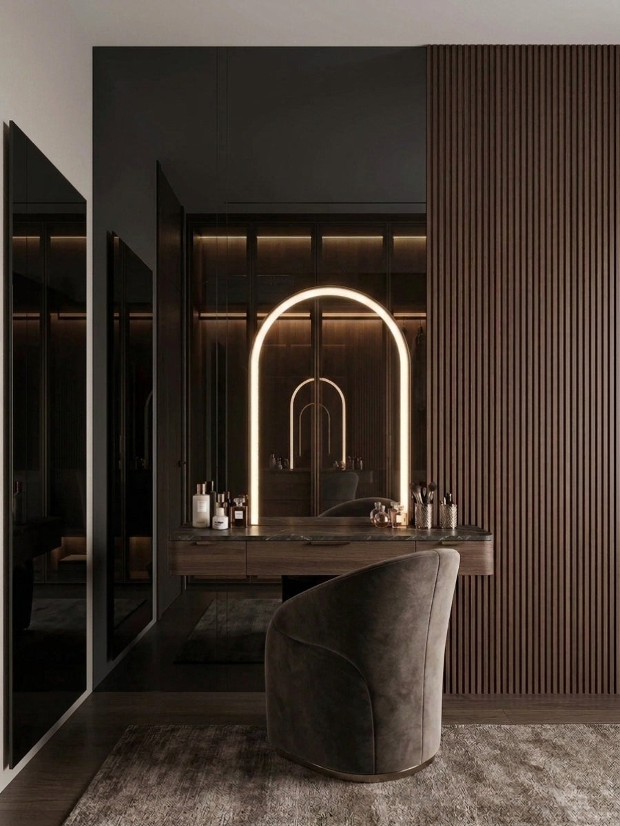 Black Mirror wood veneer panels installed as sleek dark reflective wall cladding beside a slatted vanity wall