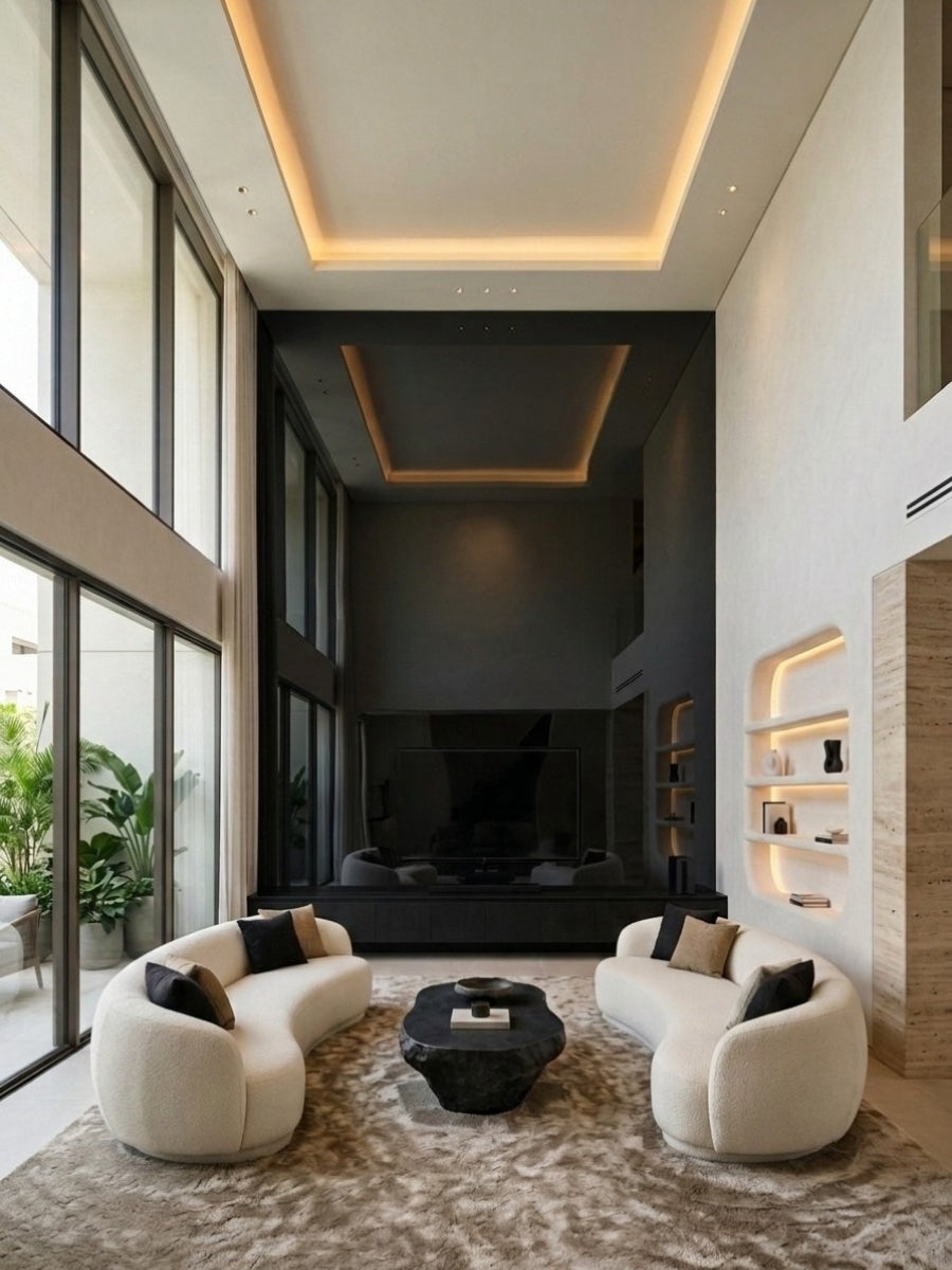 Black Mirror wood veneer panel installed as a glossy dark accent wall in a double-height living room