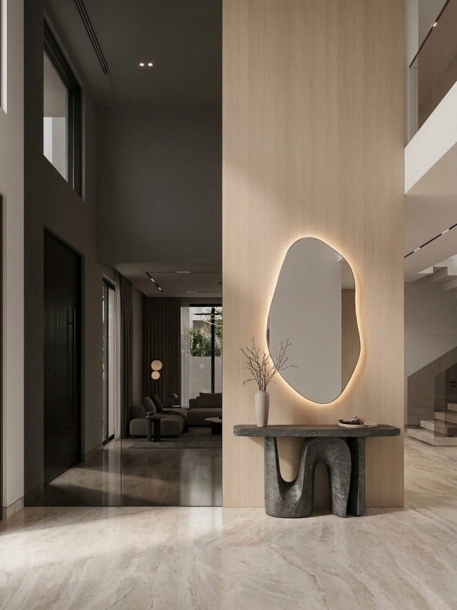 Black Mirror wood veneer panels used as dark reflective hallway cladding in a modern marble-floored interior