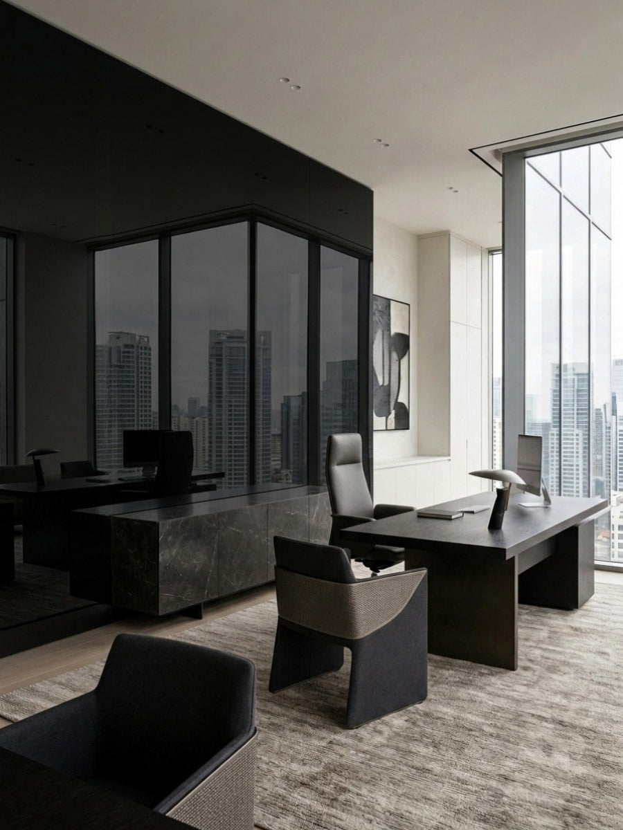 Black Mirror wood veneer panels forming reflective walls in a modern high-rise office