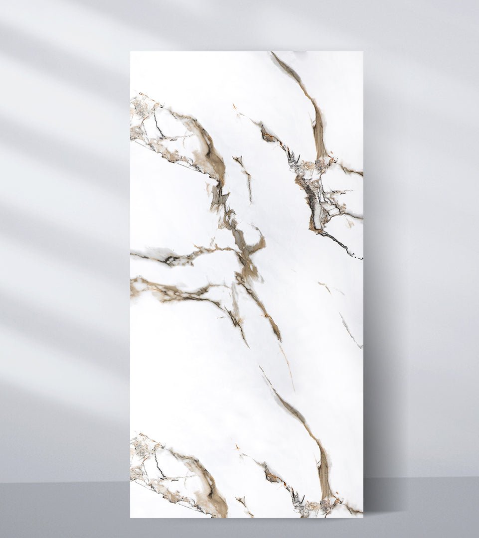 White marble wall panel with natural beige veining and luxury stone texture