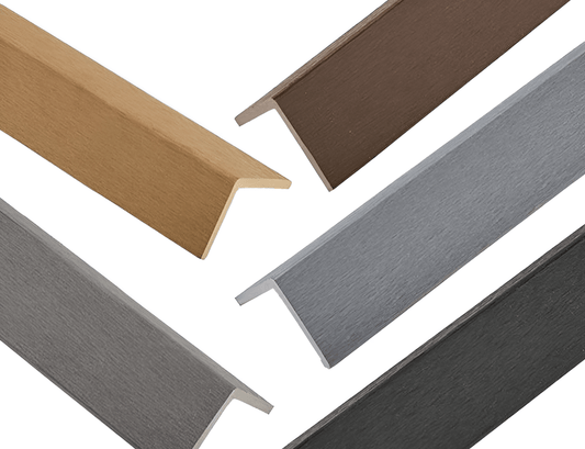 Composite L trim corner profiles in wood grain finishes for wall panel and cladding edge finishing