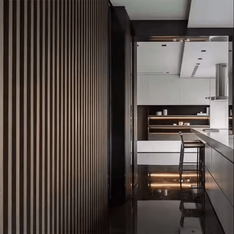 Dark wood WPC timber slats for kitchen