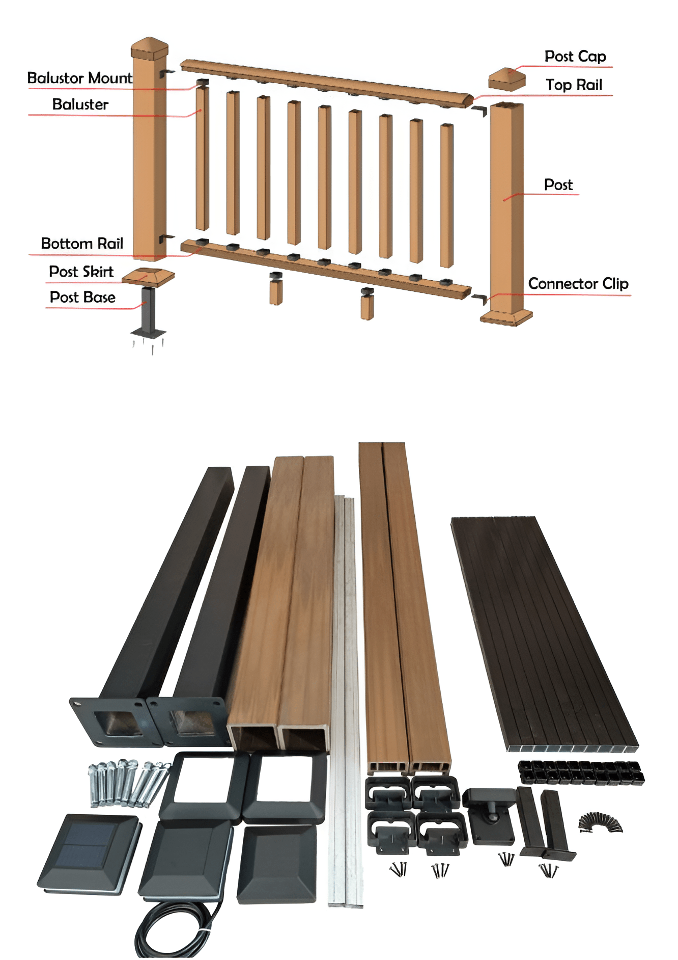 Deck Railing Kit Components and Assembly Diagram dark brown composite deck railing kit with wood like finish