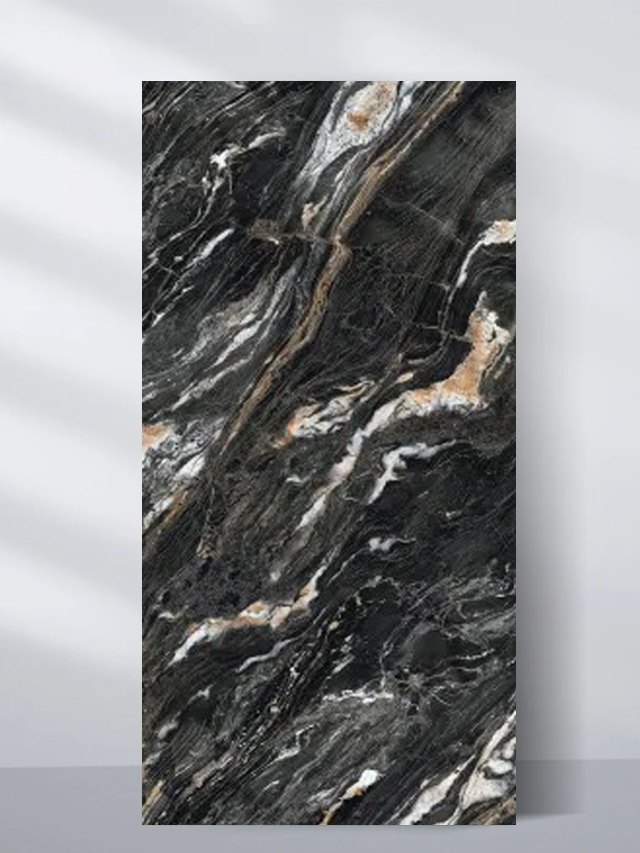 Dark black marble texture with dramatic white and gold veining for luxury PVC wall panels