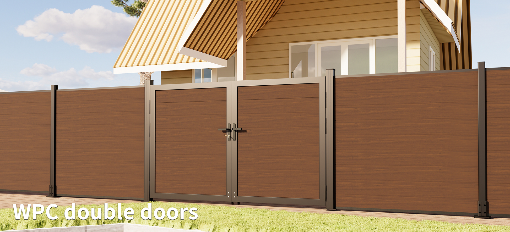 WPC double gate installed with aluminum posts for modern composite fencing system