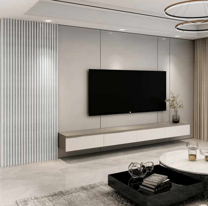 Premium white fluted wall panels in a modern living room with TV wall