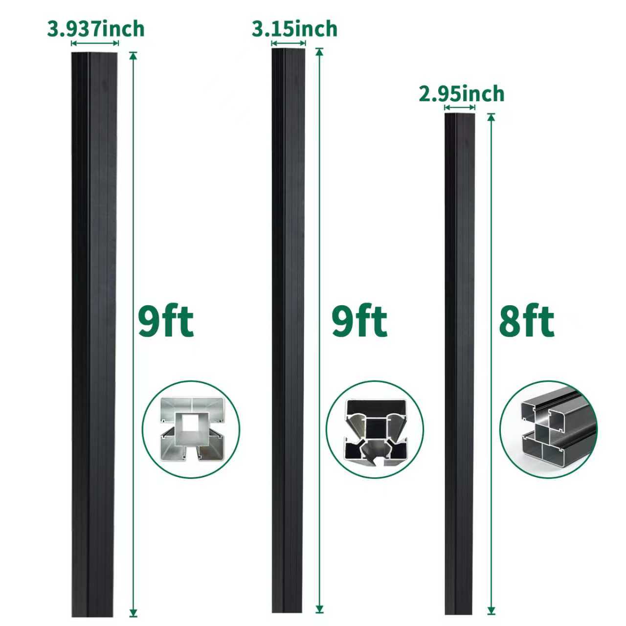 Comparison of fence and gate posts showing 9 ft and 8 ft heights with 3.937 inch, 3.15 inch, and 2.95 inch post width options for composite and aluminum fencing systems