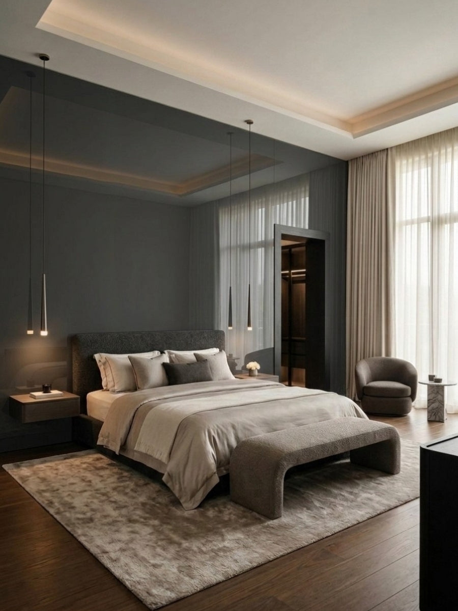 Gray mirror wood veneer panels forming a reflective accent wall behind a modern upholstered bed
