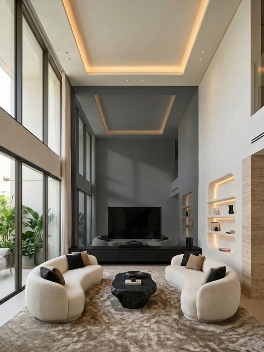 Gray mirror wood veneer panel accent wall reflecting the ceiling in a double-height living room