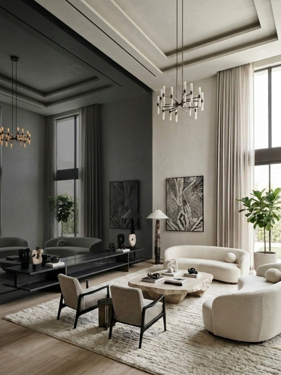 Modern living room with a floor-to-ceiling gray mirror wood veneer panel wall behind the sofa