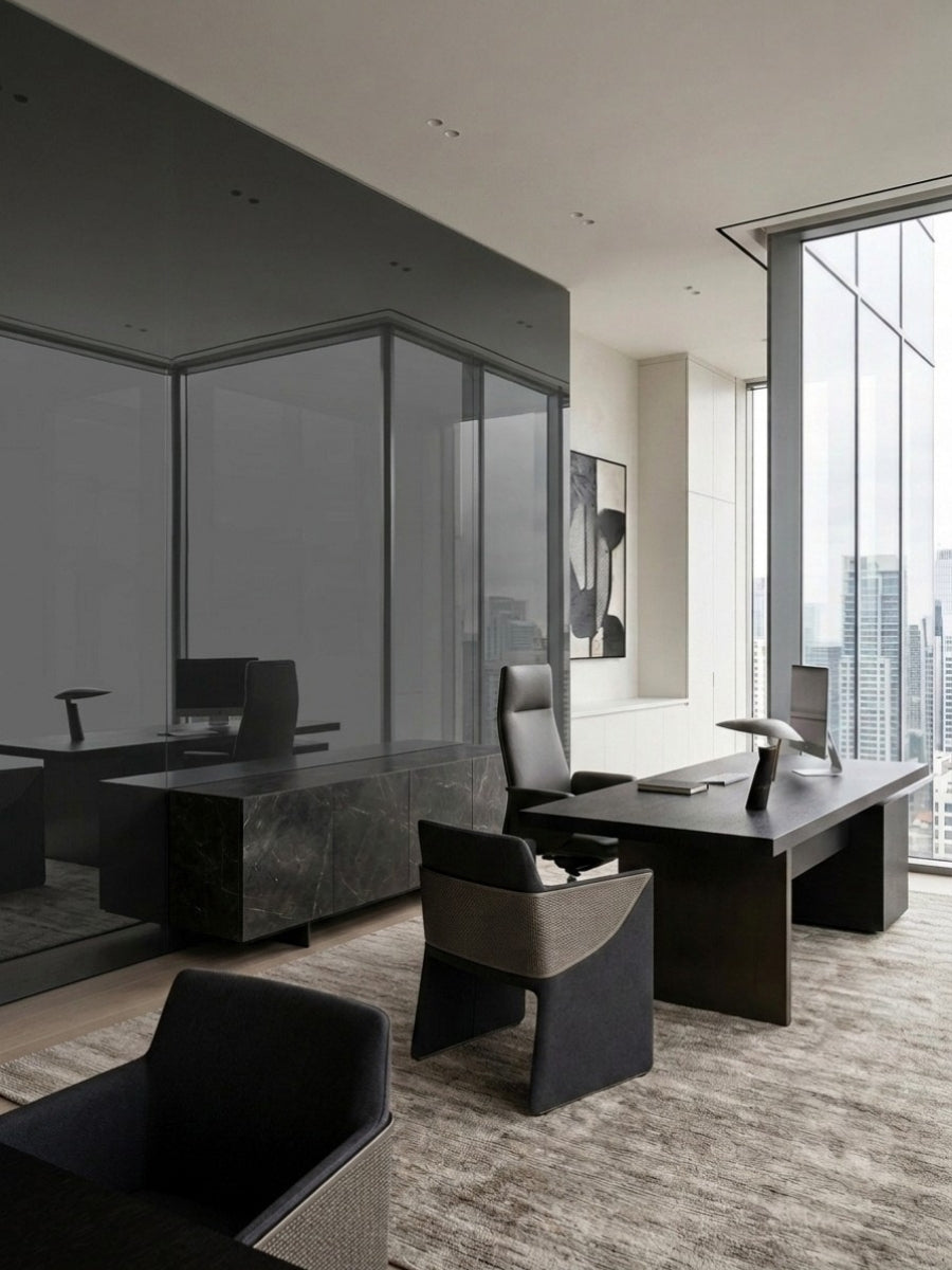 Gray mirror wood veneer panels installed as reflective walls in a contemporary executive office