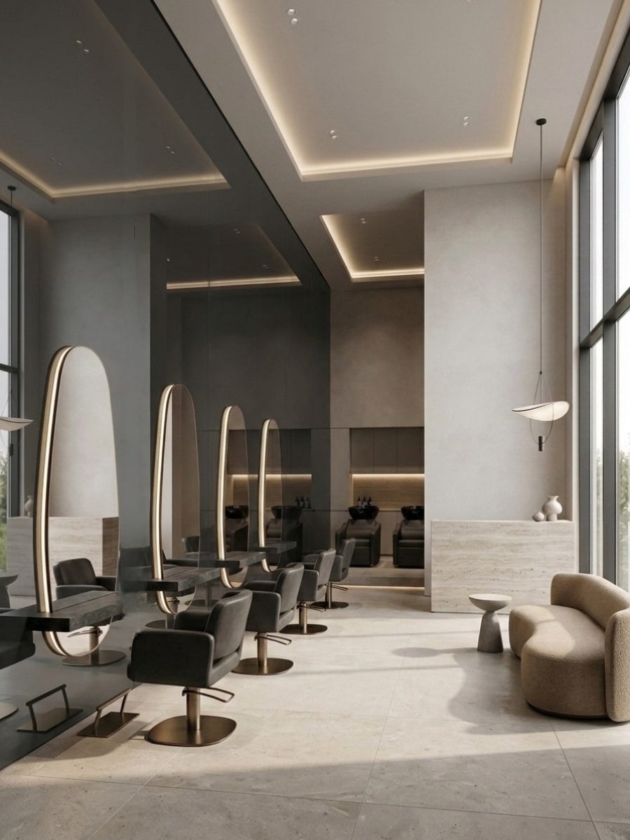 Gray mirror wood veneer panels used as reflective accent walls in a modern hair salon