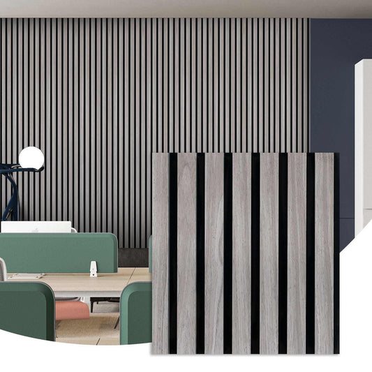Gray acoustic wood slat wall panels with close-up texture and modern interior installation