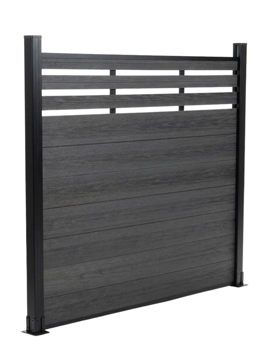 Black composite privacy fence panel with horizontal lattice top and two posts