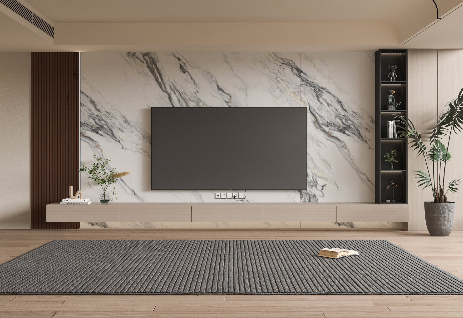 Luxury living room with marble wall panels, modern TV feature wall, and elegant interior design