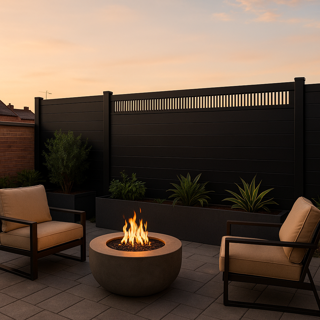Black composite privacy fence with decorative vertical slat top panel installed at sunset
