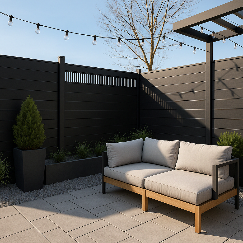 Modern outdoor patio with black composite privacy fence featuring decorative slatted top panel