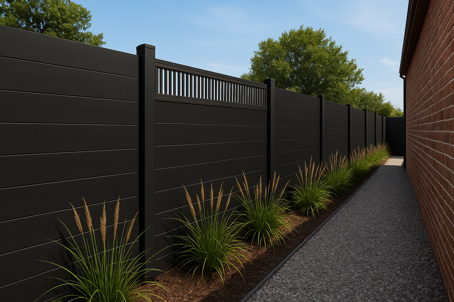 Black composite privacy fence with decorative slatted top panel installed along a side yard walkway