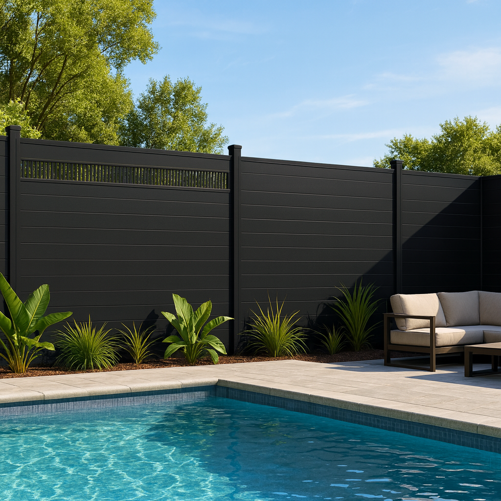 Modern black composite privacy fence with decorative slat topper installed around a backyard pool area