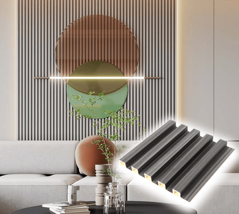 Modern fluted wall panels in black and white with round mirror Decorative console area