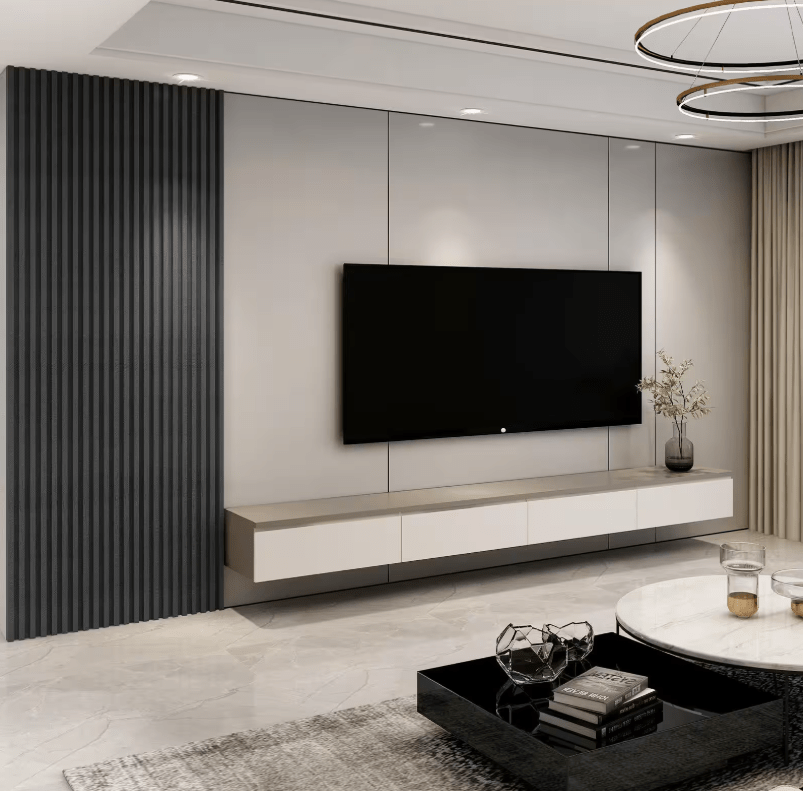Modern TV lounge with fluted panel accent wall and black accents 