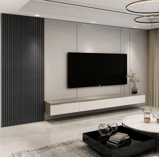 Modern TV lounge with fluted panel accent wall and black accents 