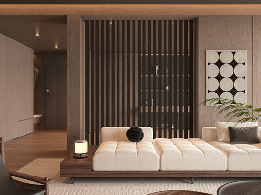 Modern interior with a vertical slat room divider Sleek modern slatted  for stylish separation